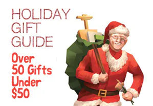 a drawing of Joe as Santa with a sack of gifts on his back. The text reads "Holiday Gift Guide Over 50 Gifts Under $50"