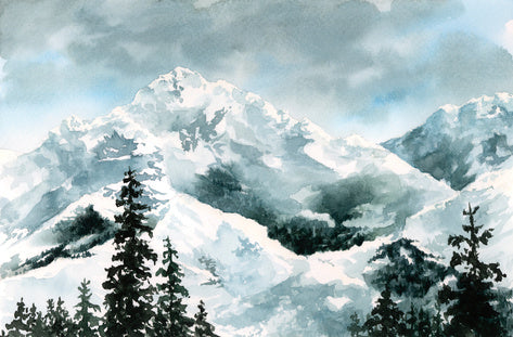 a watercolor painting of a snowy mountain region with trees in front